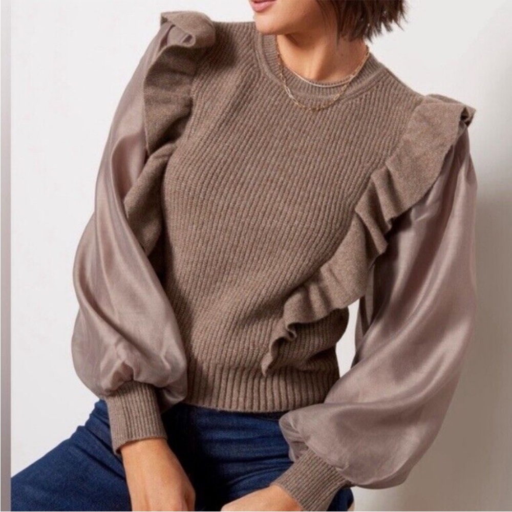 Evereve Design History Sweater Ribbed Pull Over Organza Puff Sleeves Large NWT